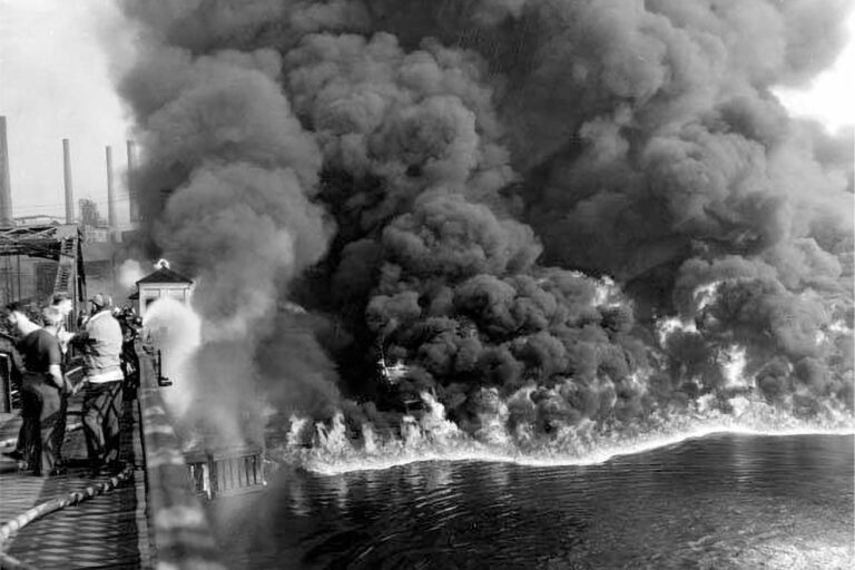 The Cuyahoga River in Cleveland, Ohio on fire in 1952