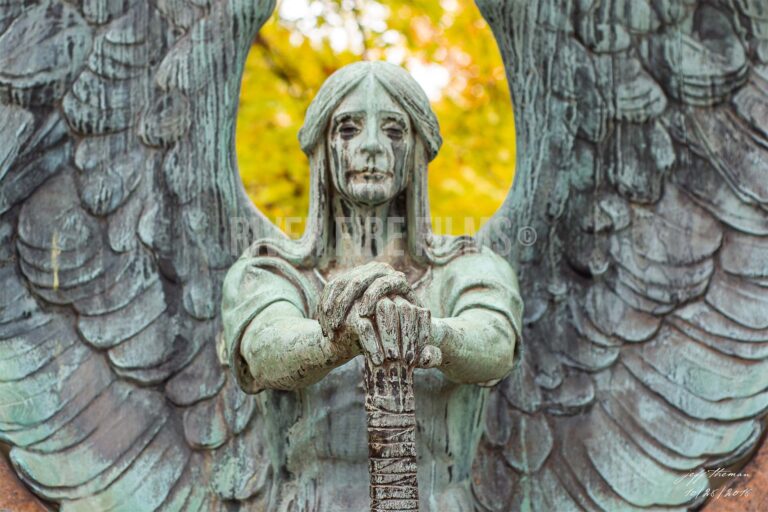 Medium shot of the Haserot Angel in Cleveland Ohio's Lake View Cemetery