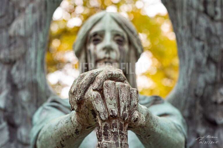 Extreme close-up of the Haserot Angel in Cleveland Ohio's Lake View Cemetery