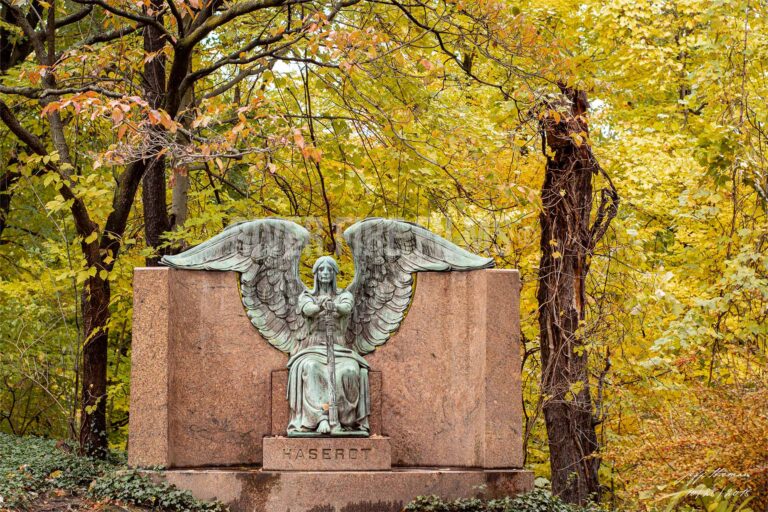 Wide shot of the Haserot Angel in Cleveland Ohio's Lake View Cemetery