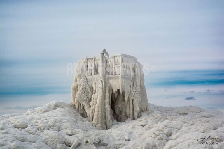 Ice art forms from Lake Erie at Euclid Beach Park in Cleveland, Ohio.