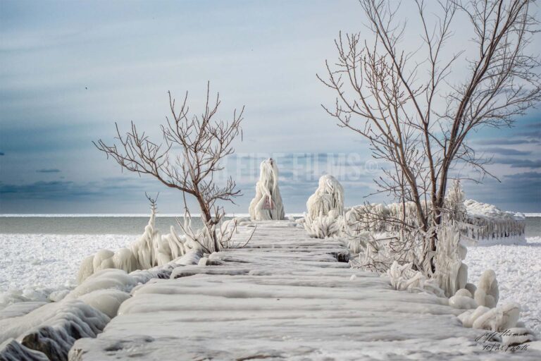 Ice art forms from Lake Erie at Euclid Beach Park in Cleveland, Ohio.