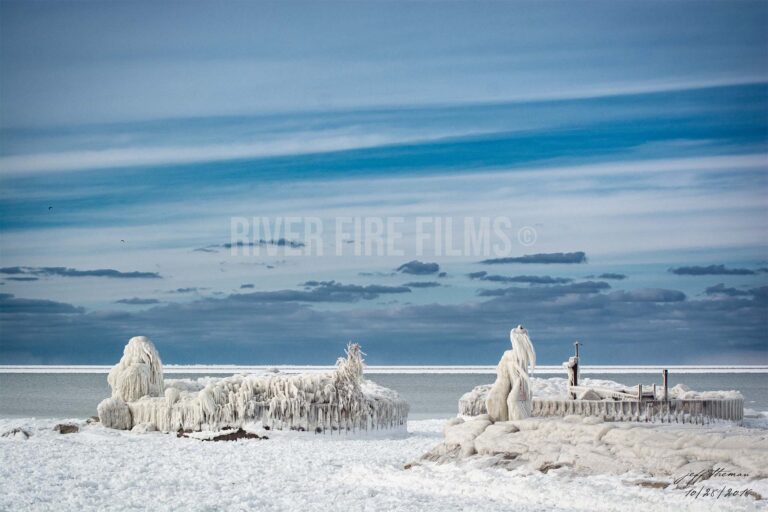 Ice art forms from Lake Erie at Euclid Beach Park in Cleveland, Ohio.