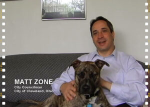 Former Cleveland City Councilman, Matt Zone, with his dog Gordon Detroit, who led the repeal of pit bull restriction, interviewed on April 30, 2009